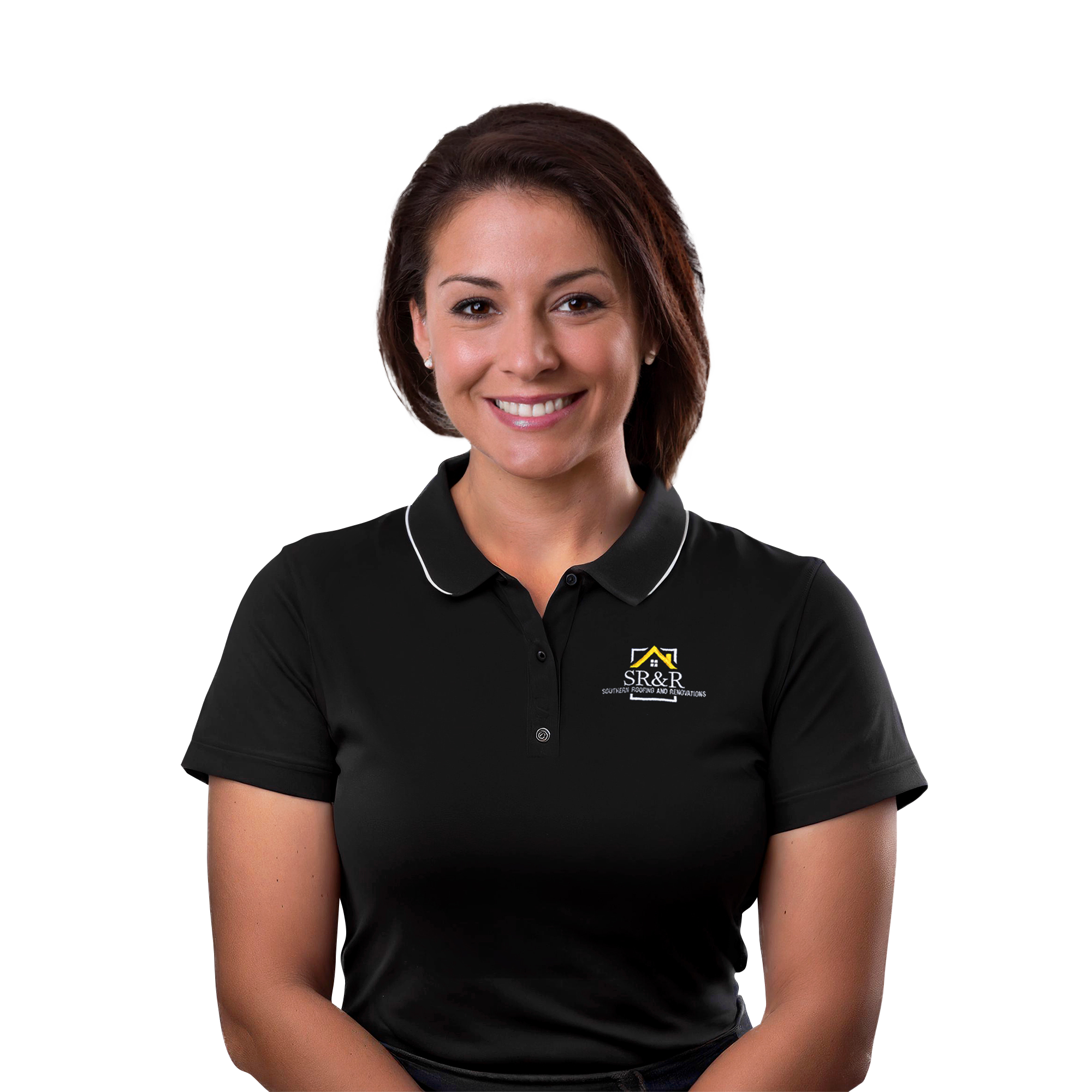 Smiling woman in branded black polo shirt.