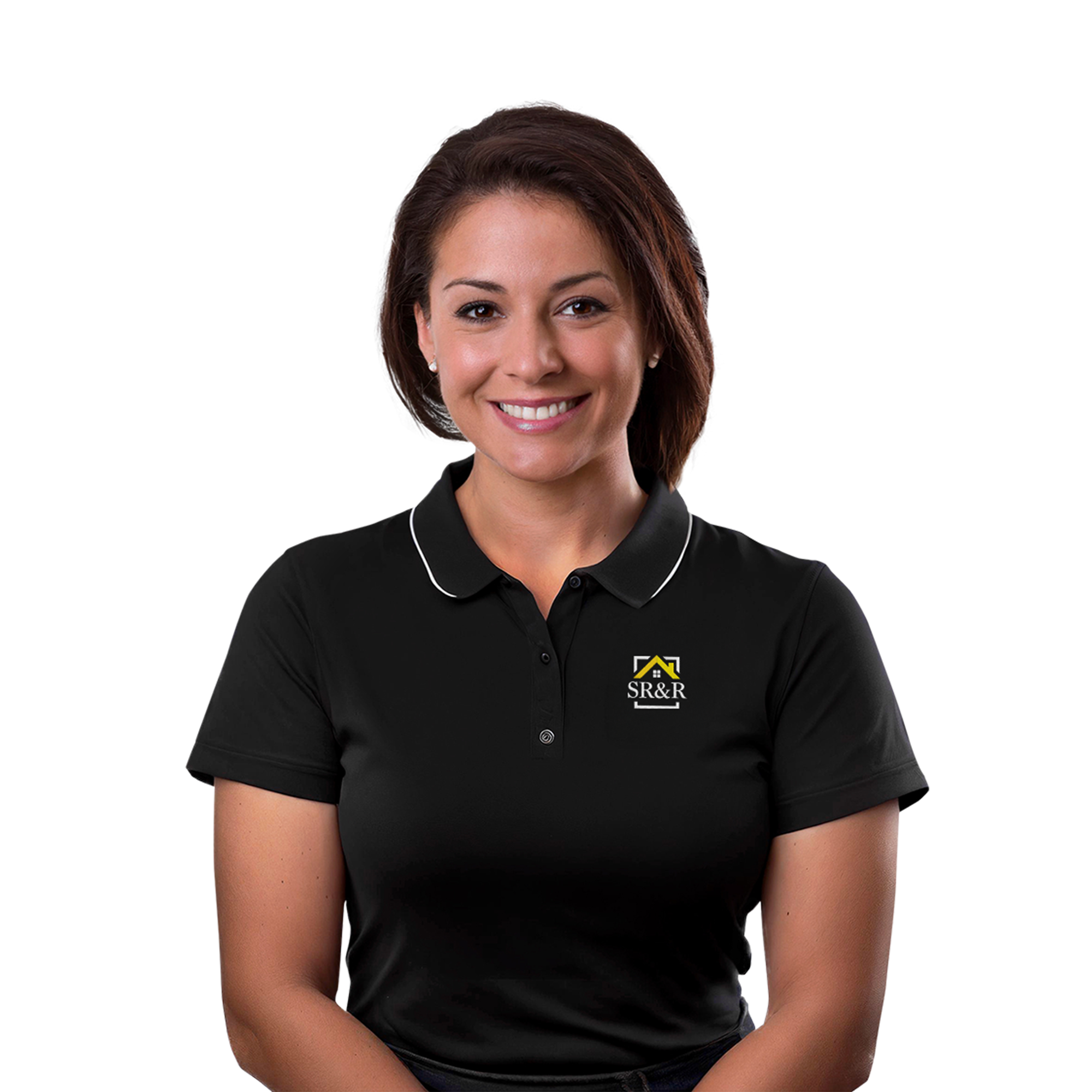 Smiling woman in black SR&R polo shirt