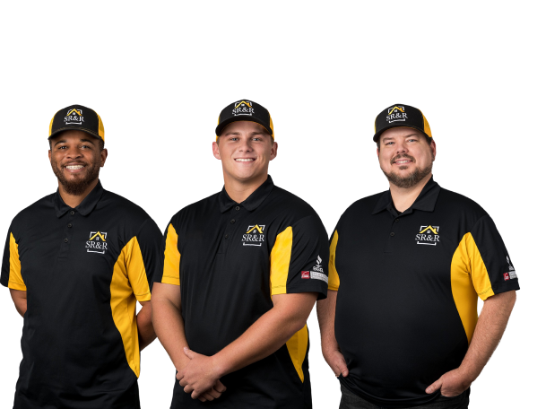 Three team members in branded shirts and hats.