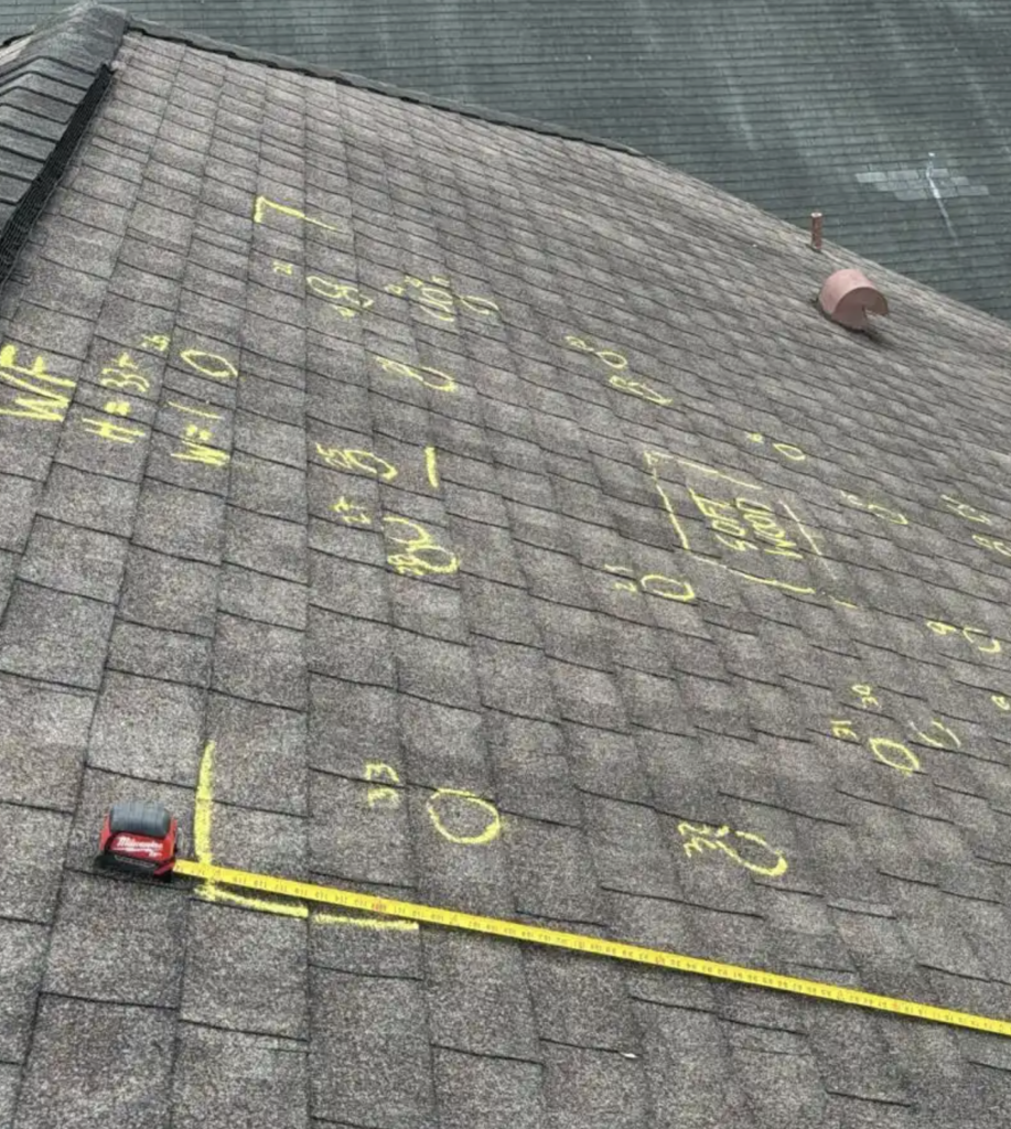 Roof inspection with chalk measurements and tool