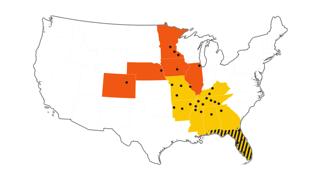 U.S. map with red, yellow states highlighted.