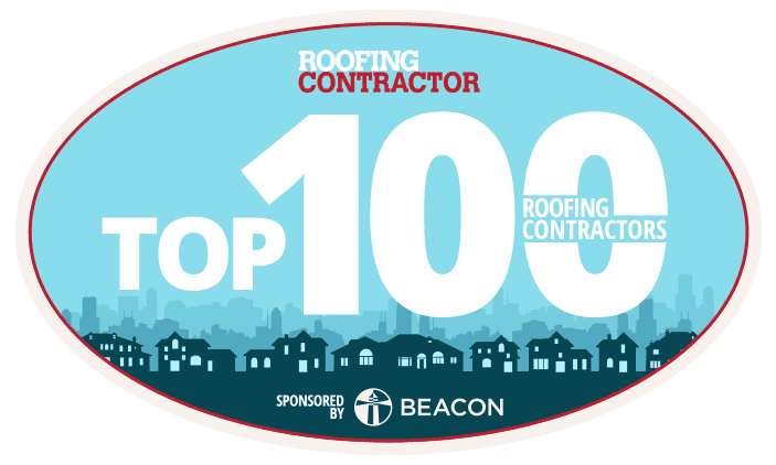 Top 100 roofing contractors award badge.