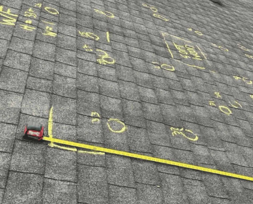 Roof with measurement markings and tape measure.